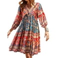 thumbnail image 1 of Txlixc, vestido bohemio informal de verano para mujer, estilo étnico, estampado Floral, cuello en V, manga abullonada, vestido corto oscilante a la moda Txlixc  Vestido bohemio casual de verano para mujer, 1 of 5