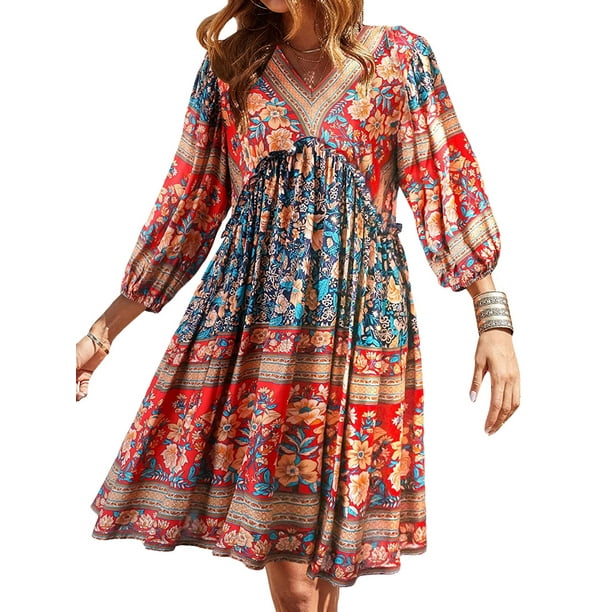 Txlixc, vestido bohemio informal de verano para mujer, estilo étnico, estampado Floral, cuello en V, manga abullonada, vestido corto oscilante a la moda Txlixc Vestido bohemio casual de verano para mujer