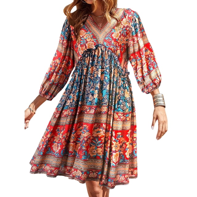 VISgogo, vestido bohemio informal de verano para mujer, estilo étnico, estampado Floral, cuello en V, manga abullonada, vestido corto oscilante a la moda VISgogo moda