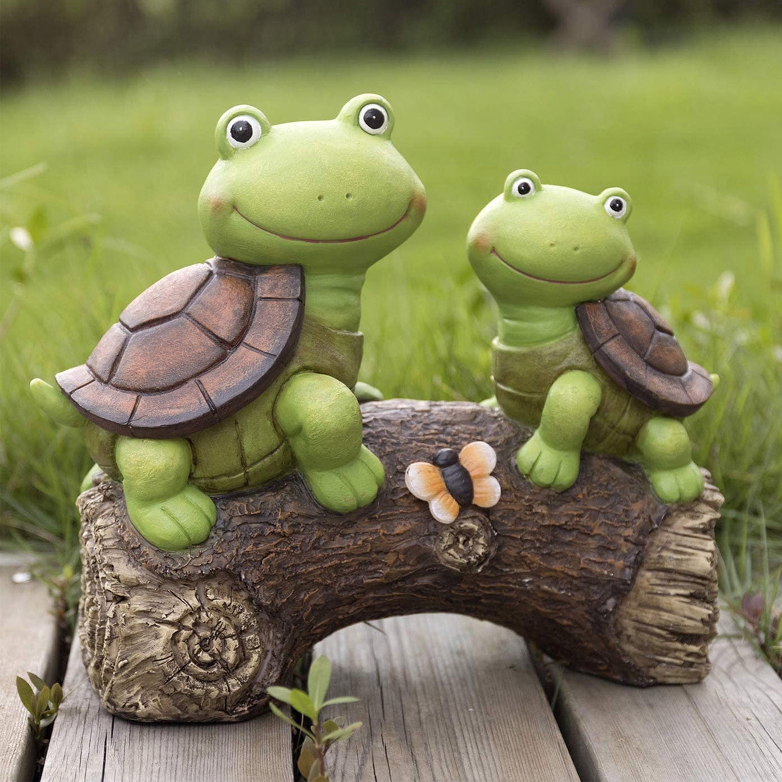 Garden Turtle Figurines Outdoor Decorations, Solar Powered Sweet Frog Face Turtles Resin Statue with Led Lights, Garden Art Spring Fall Winter Christmas Decor for Patio Lawn Yard