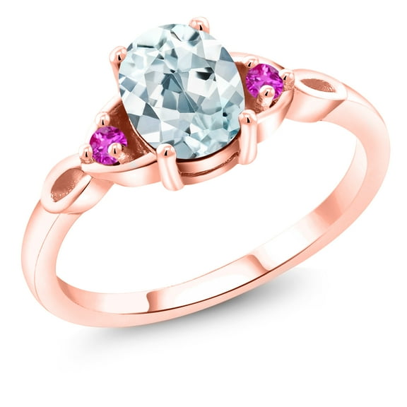Gem Stone King 18K Rose Gold Plated Silver Sky Blue Aquamarine and Pink Sapphire 3-Stone Rings for Women (1.30 Cttw, Gemstone March Birthstone, Oval 8X6MM, Size 6)