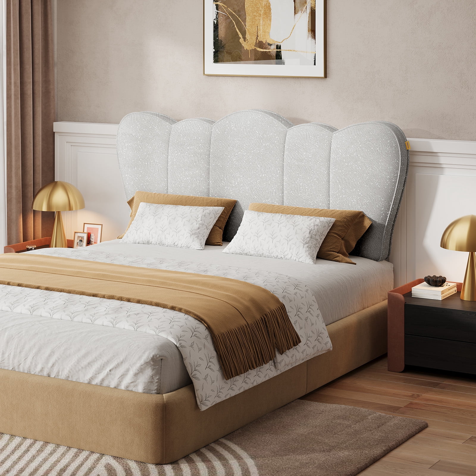 Pinmoco Chenille Upholstered Headboard for Full Bed, Height Adjustable Crown-Shaped Headboard, Starry Gray