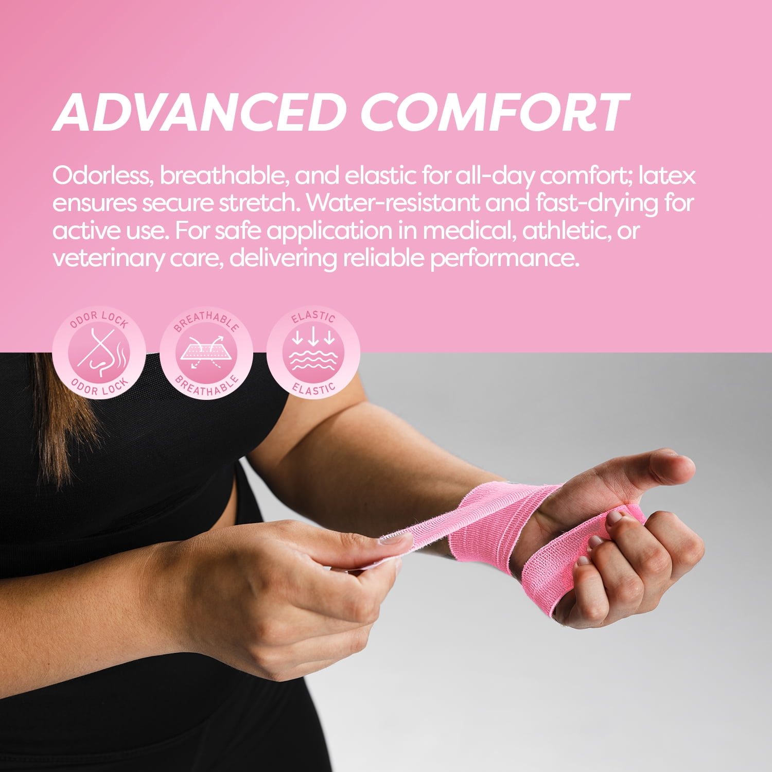 Dynarex Sensi-Wrap Self-Adhesive Bandages, 30-Pack, 1" x 5 yards, Pink, Latex, Colored Elastic Cohesive Athletic Tape, Tattoo Grip & Vet Wrap