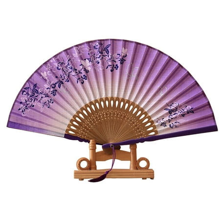 

Women and Flower Style Folding Bamboo Hand Fan with Tassel (Purple+Black)