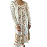 Mogul Women Tunic Maxi Dress Ivory Golden Embroidered Gorgeous Luxurious Bohemian Kurti Indian Dress ML