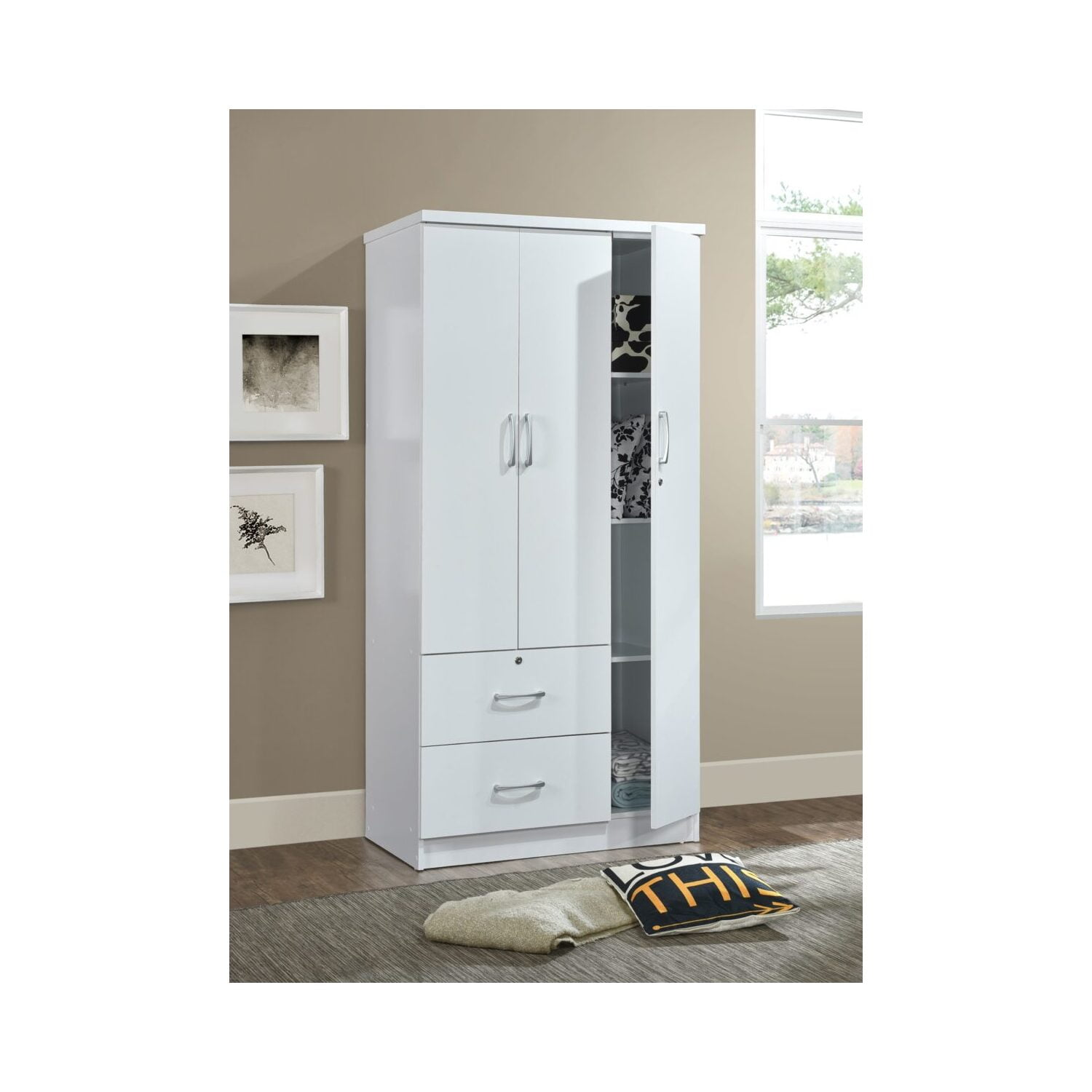 Hodedah 3 Door Armoire With 2 Drawers 3 Shelves In White Walmart Com Hodedah 3 Door Armoire With 2 Drawers 3 Shelves In White Walmart Com