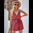 thumbnail image 4 of Mono Corto Sexy de Verano para Mujer con Cuello en V, Sin Mangas, Informal, con Lazo en la Cintura y Bolsillo, 2025 Rojo Ladrillo M, 4 of 7