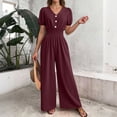 thumbnail image 6 of Costeam Womens Short Sleeve Button Front V Neck Jumpsuit Ruched Cinched Waist Wide Leg Full Length Solid Color Wrinkle Resistant Loose Casual One Piece Long Trousers Outfit, 6 of 9