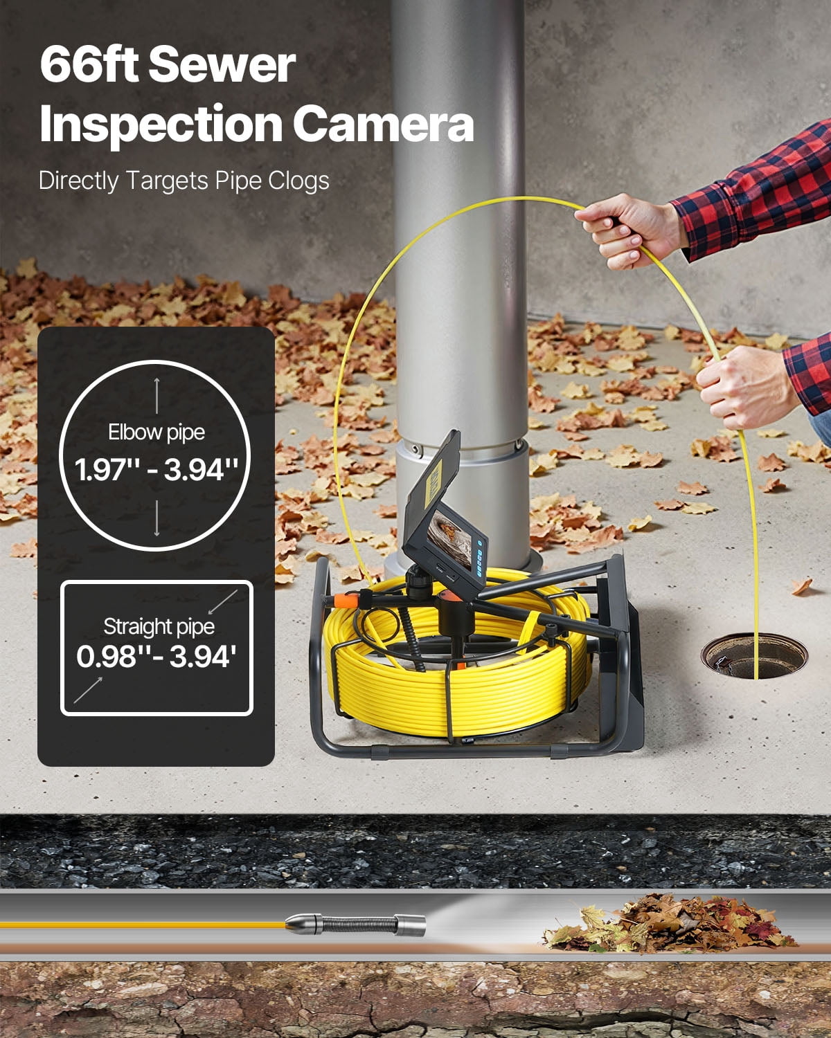 VEVOR Sewer Camera, 4.3" Pipe Drain Inspection Camera with DVR Function & Snake Cable, Waterproof IP68 Borescope w/LED Lights, Industrial Endoscope for Home Wall Duct Drain Pipe Plumbing