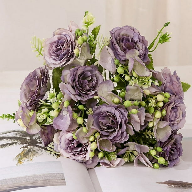 Xiao Hua Ramo de rosas artificiales de seda, hortensias, estilo vintage para boda (morado), 3 unidades