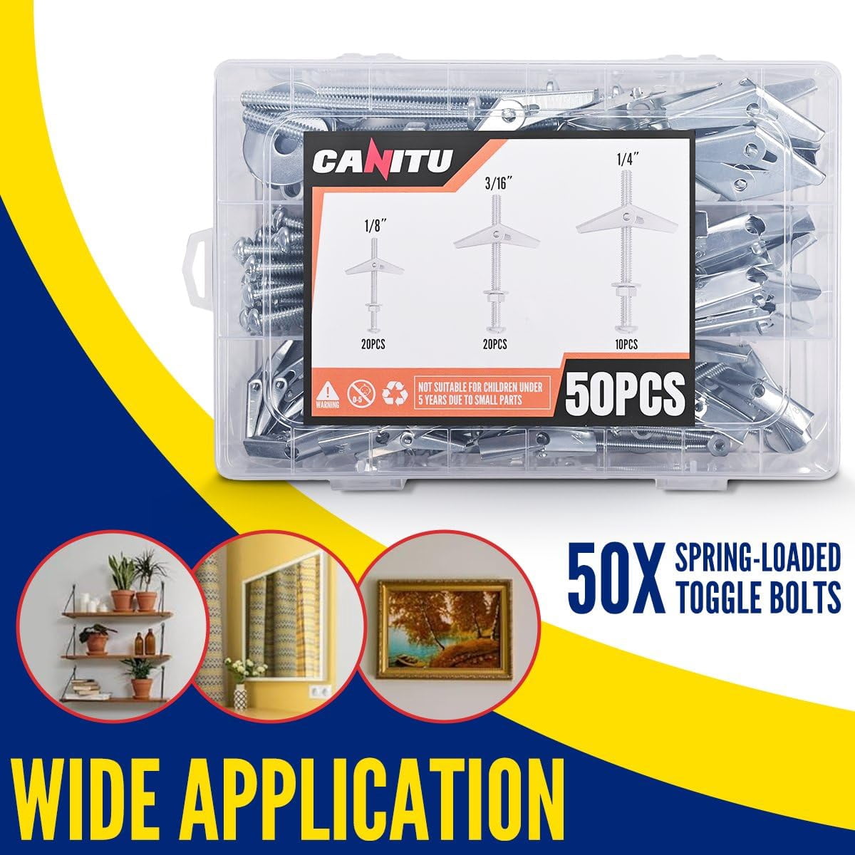 50Pcs Toggle Bolt and Wing Nut Kit,1/8 Inch, 3/16Inch, 1/4Inch Butterfly Toggle Drywall Anchors Screws Assortment Kit with Hex Nuts,Washers for Hanging Hollow Walls & More