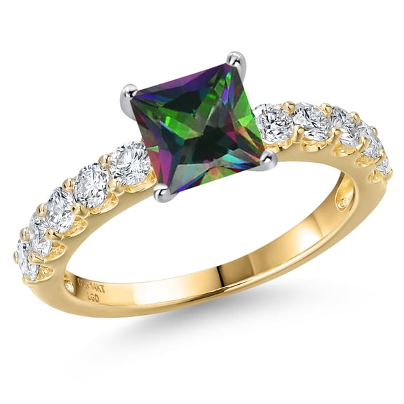 Gem Stone King 14K Two Tone Gold Green Mystic Topaz and Lab Grown Diamond Engagement Ring for Women | 1.85 Cttw | Princess 6MM | Gemstone November Birthstone | Size 8