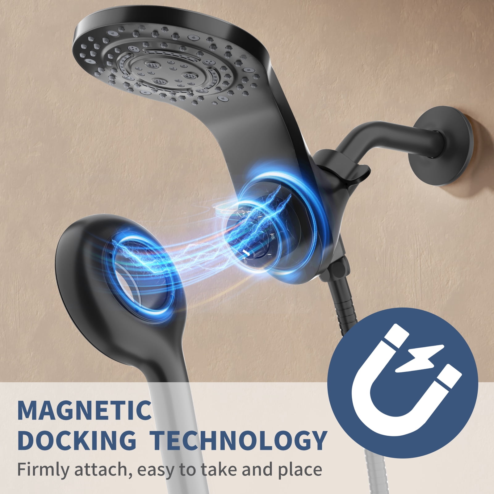 KAIYING Magnetic Dual Shower Head, 2-in-1 Rain and Handheld Spray Combo with 71 Inch Hose, Mate Black
