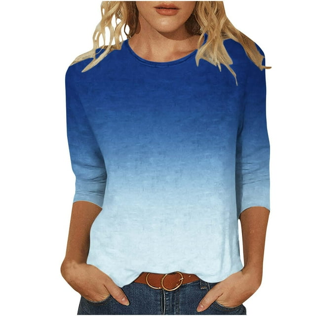 IROINID Offres Polyester T-Shirt à Manches Longues pour Femmes Confortable Col Rond Dégradé Imprimé Manches Hauts Blouse Chemise, Bleu