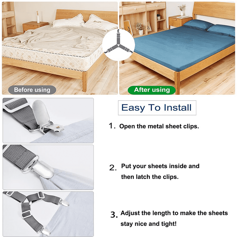 Bed Sheet Fasteners,Easy to Install Bed Sheet Holder Straps,Sheet Clips (4  pcs)