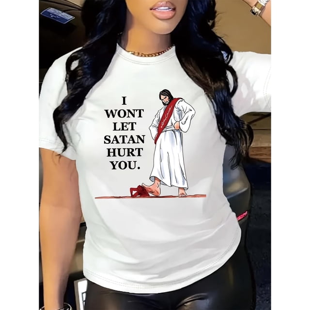 Camisetas con gráficos clásico para mujeres y adolescentes y niñas, playera de verano con estampado estéticoWomen's "I Won't Let Satan Hurt You" Graphic Tee - Casual Short Sleeve Crew Neck, White Po