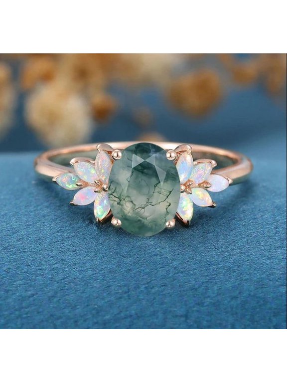 Natural Moss Agate, Fire Oval Opal Ring ,Moissanite Cluster Ring, 925 Sterling Silver