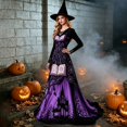 thumbnail image 2 of Women Halloween Witch Maxi Dress, Long Sleeve V Neck Lace Cuff A Line Floor Length Dress, Gothic Haunted House Printed Evening Party Dress, 2 of 6