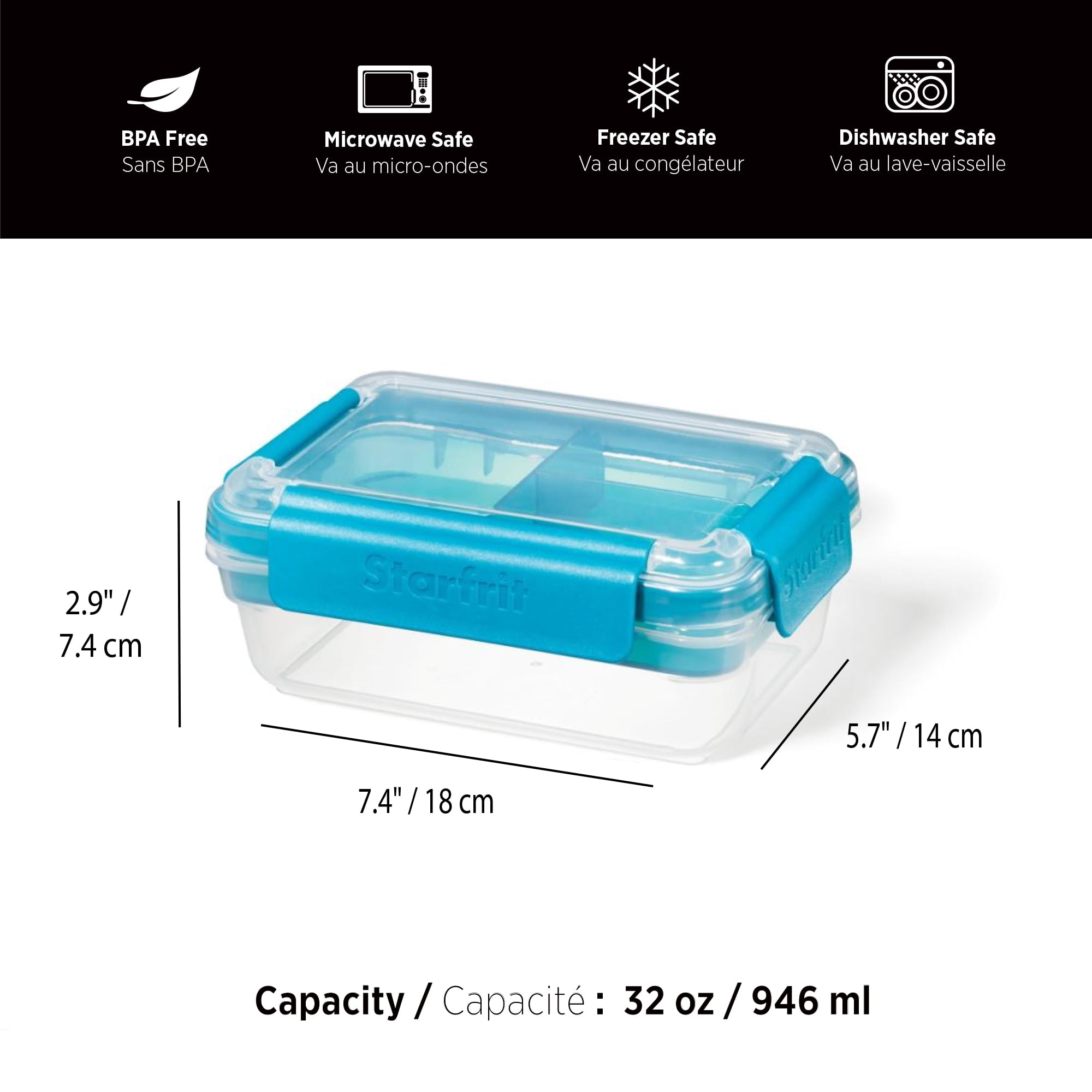 Starfrit Easy Lunch Rectangular Bento Container - Removable Tray - 32oz/946ml - Airtight & Leakproof - 4-Sided Locking Lid