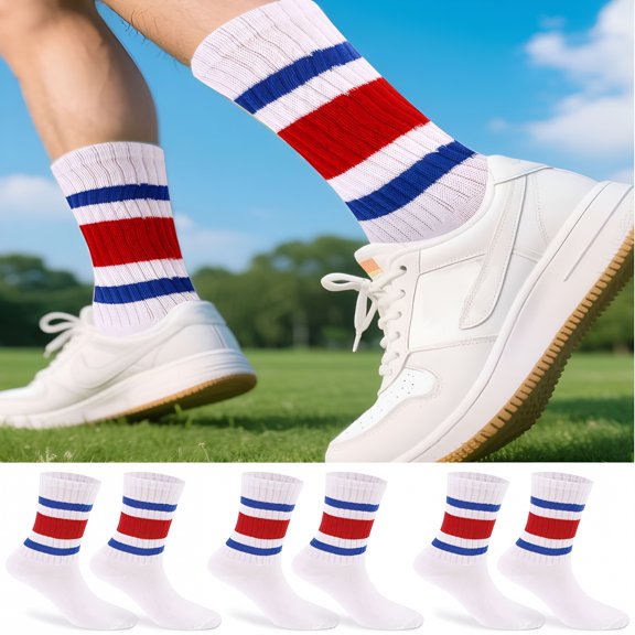 TELOLY 3 Pairs Retro Striped Crew Socks, Soft Cotton Athletic Tube Socks for Men and Women, Casual Sporty Calf Hosiery for Running, Tennis, and Daily Wear