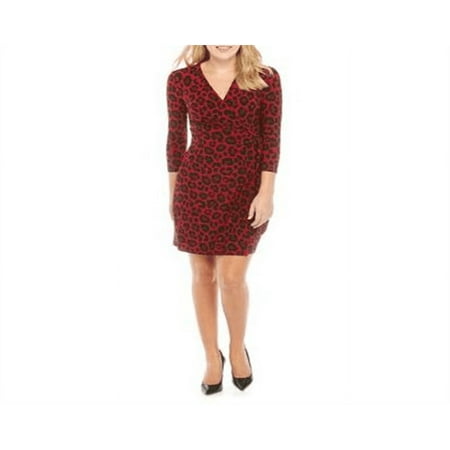 Anne Klein Women's Leopard Print Faux Wrap Dress Red Size Medium