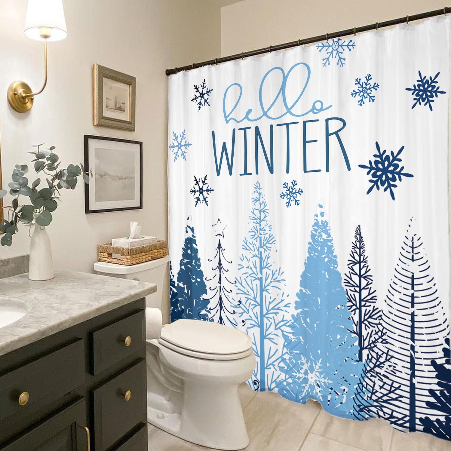 Winter Shower Curtain, 72"X72" Christmas Tree Shower Curtain, Blue Christmas Snowflake Shower Curtain with Hooks, Christmas Bathroom Decor, Waterproof Washable Polyester Holiday Xmas Bathroom Set