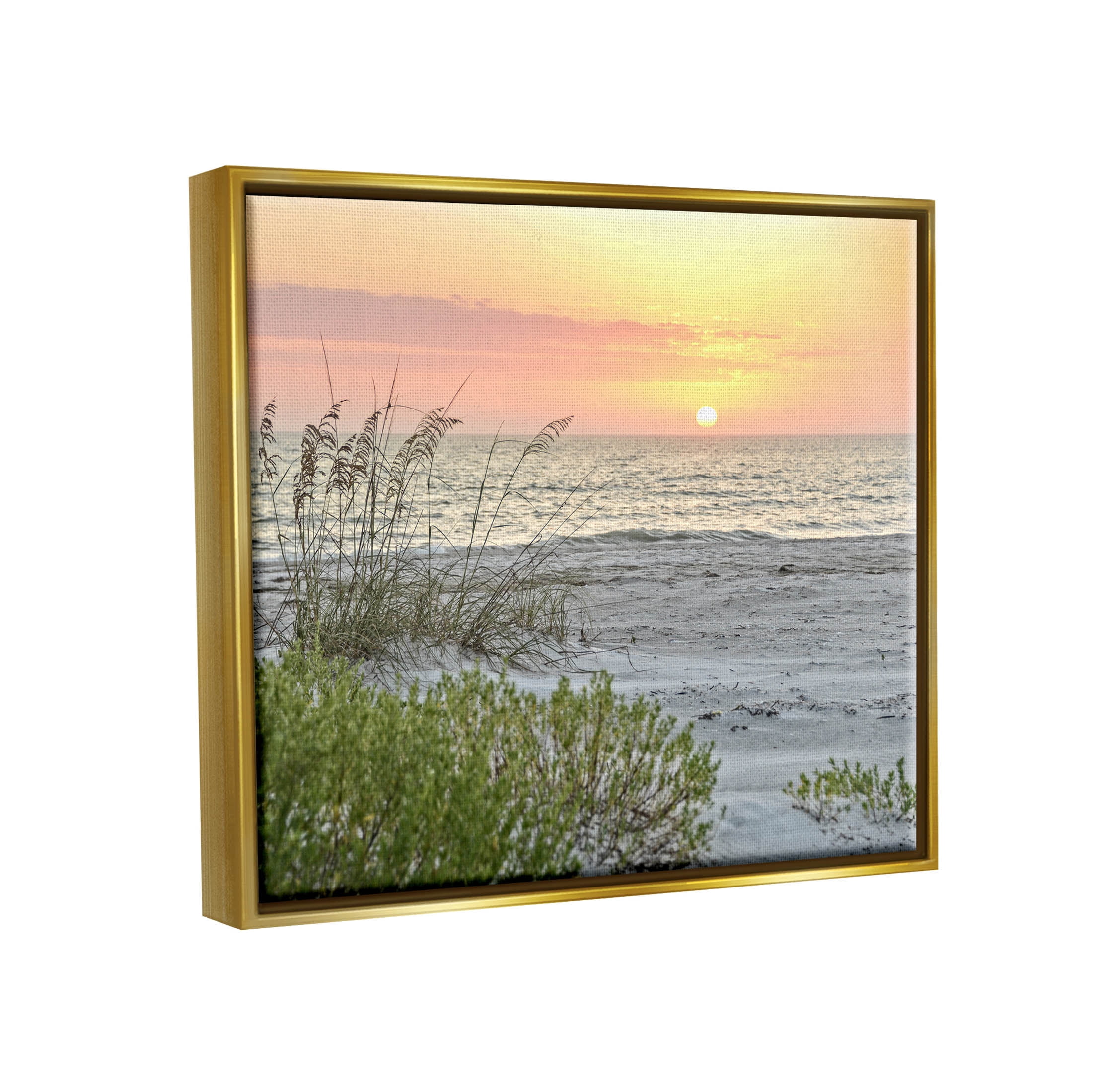 Stupell Industries Ocean Shore Reeds Sunset Horizon Photograph Metallic Gold Floating Framed Canvas Print Wall Art, Design by Mary Lou Photography