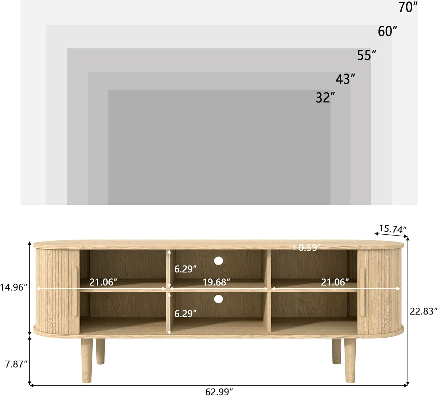 60" TV Stand with Tambour Door,Wood Entertainment Center with Storage and Shelves, FlutedTV Console Table for Living Room, Bedroom (Natural)