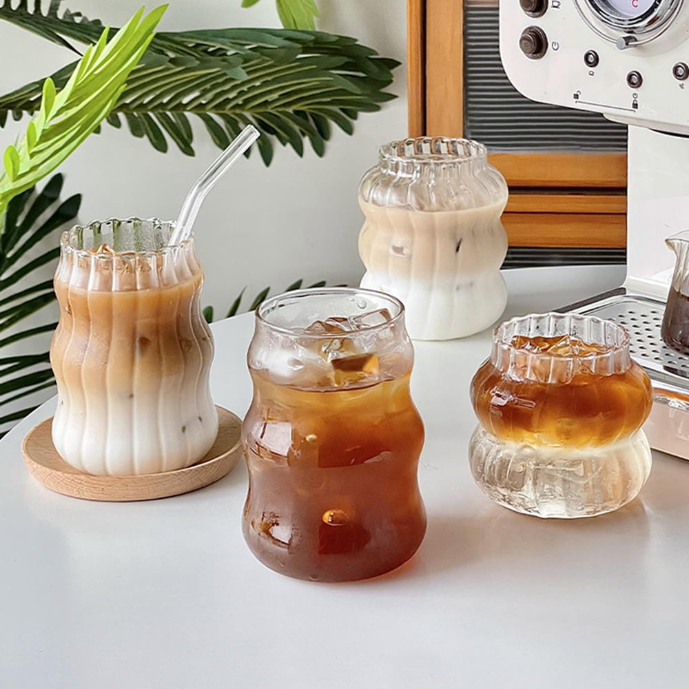 Birchland All Glass Iced Coffee Cup with Lid and Straw, Ribbed Glass  Tumbler Set of 2 (18 oz)