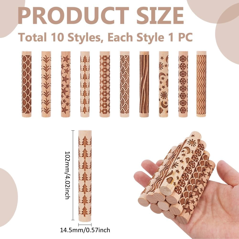 10Pcs Wooden Clay Texture Rollers Set for Pottery 10 Styles Ceramics Potters Stamp Roller Tools 102mm Textured Rolling Pins Modeling Pattern Rollers Kit for DIY Handmade Art Supplies Colorful