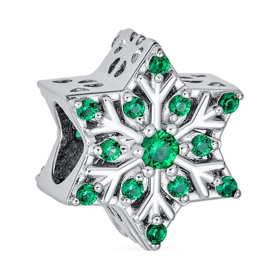 Bling Jewelry Womens Christmas Charm Bead Green Crystal Snowflake for European Bracelet Silver