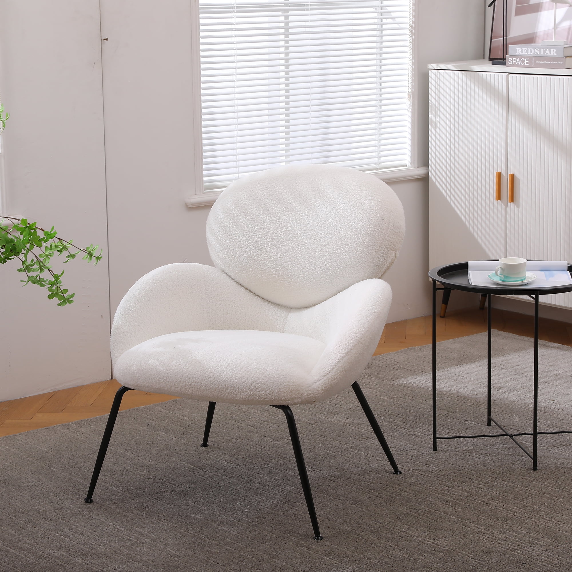 Kadyn Modern Sherpa Armchair with Black Metal Legs, Comfy and Soft Chairs for Bedroom, Ivory