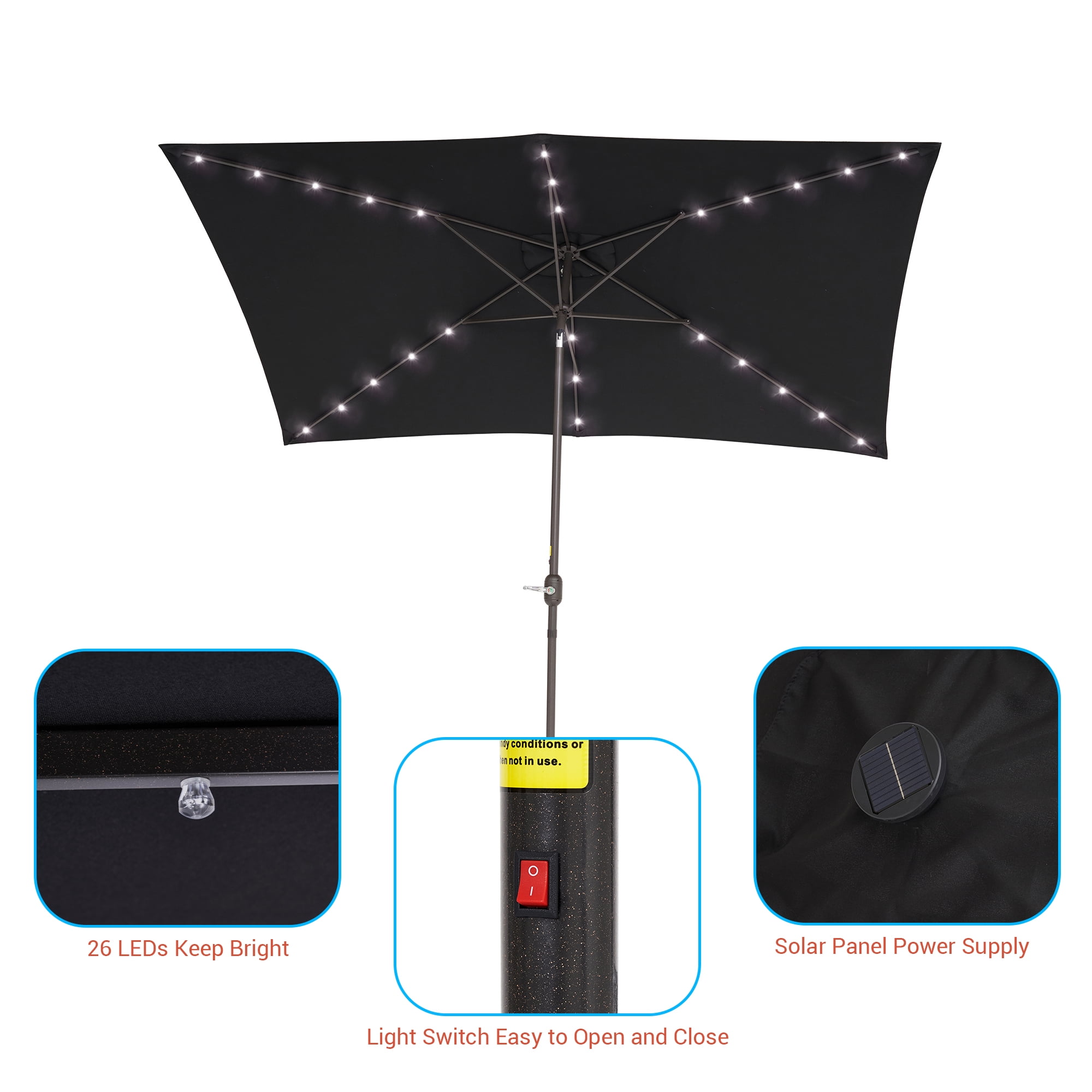 CHYVARY 10 x 6.5ft LED Outdoor Patio Rectangular Table Umbrellas for Deck, Poolside and Garden, Black