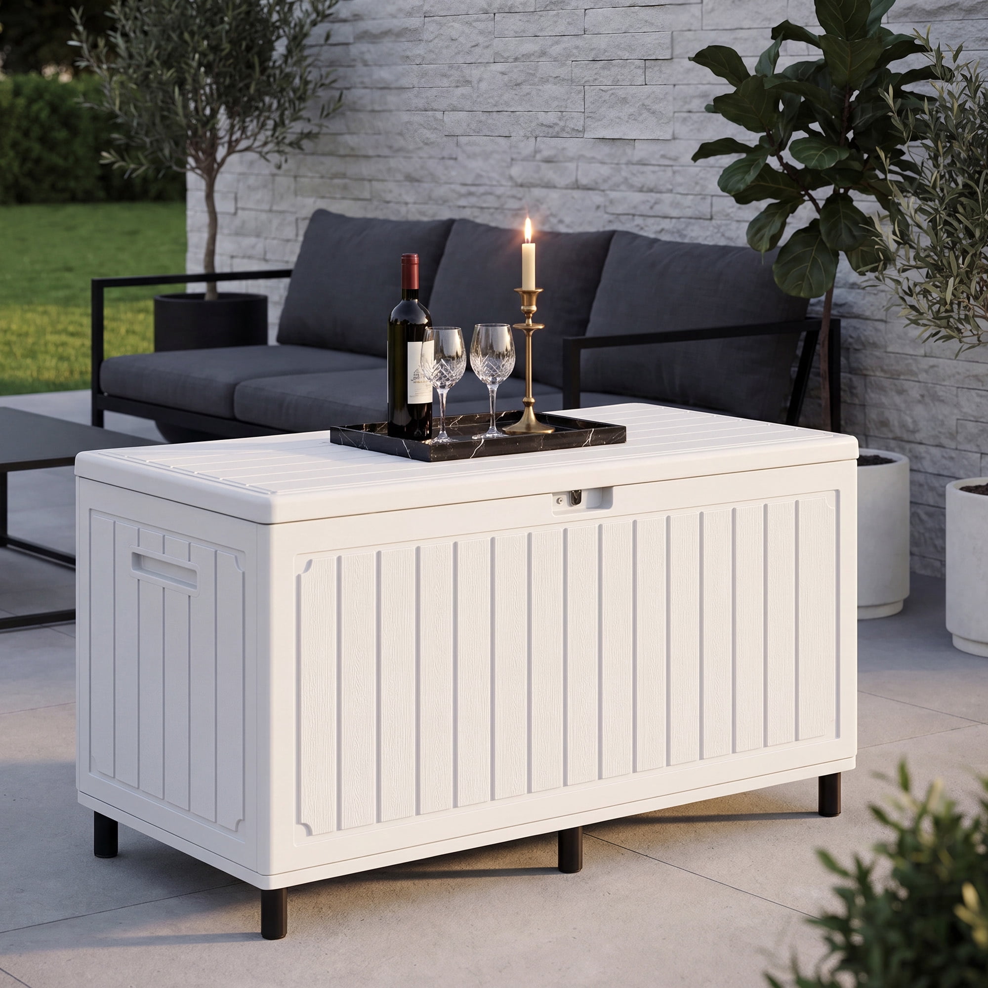 Uforic 90 Gallon Outdoor Storage Deck Box, Waterproof Lockable Resin Bin with Wheels, White