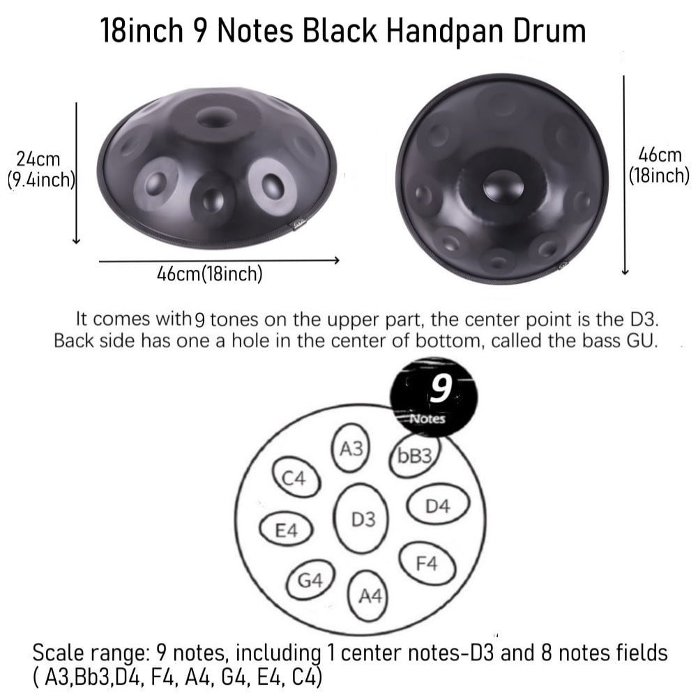 Latourreg 440HZ D Minor 18Inch 9 Notes Black Hand Pan Drum Percussion Musical Drum with Soft Bag