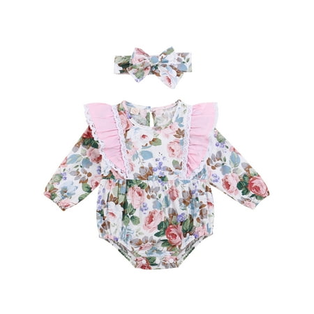 

Gwiyeopda Newborn Infant Baby Girl Romper Long Sleeve Flower Bodysuit Headwear 2Pcs Outfit