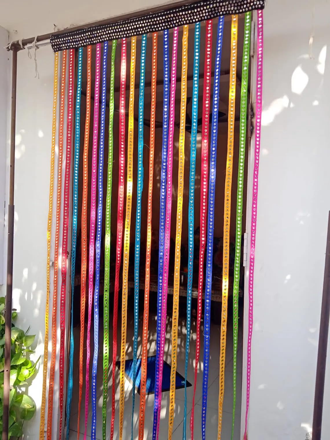 Handmade Multicolor Silk Ribbon Curtain: Boho Beaded Door Window Decor
