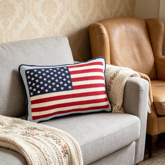 TYUHjkL American Flag Needlepoint Throw Pillow, 15x9 Inch Patriotic Lumbar Cushion for Home Decor