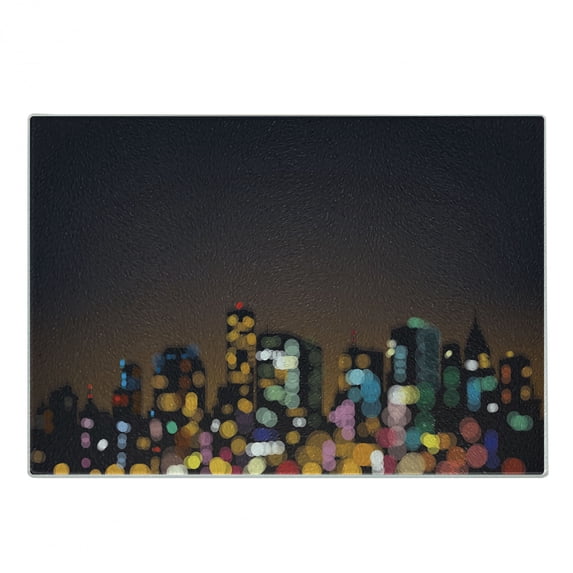 City Cutting Board, Cityscape at Night Abstract Display with Silhouettes with Colorful Dots Bokeh Effect, Decorative Tempered Glass Cutting and Serving Board, Small Size, Multicolor, by Ambesonne