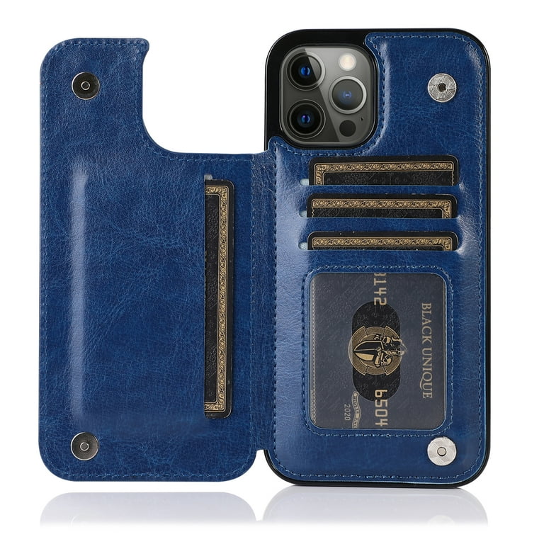 For Iphone 12 Iphone 12 Pro Open Camera Hole Luxury Side Magnetic Button  Card Id Holder Pu Leather Case Cover - Dark Blue 