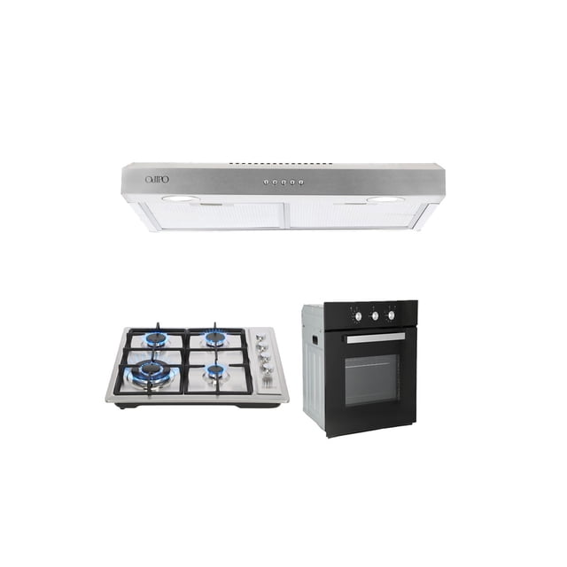 Campana de cocina acero inoxidable 60cm Thory, Parrilla de gas 4 quemadores acero inoxidable 60cm Vulcano, Horno de gas empotrable encendido electrico 65L 60cm Motrix Odipo Thor 60 + Vulcano + Motrix HORNO GAS