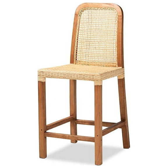Baxton Studio Caspia Mid-Century Modern Walnut Brown Finished Wood and Natural Rattan Counter Stool