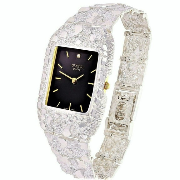 925 Sterling Silver Nugget Link Geneve with Diamond Watch 8-8.5 50g