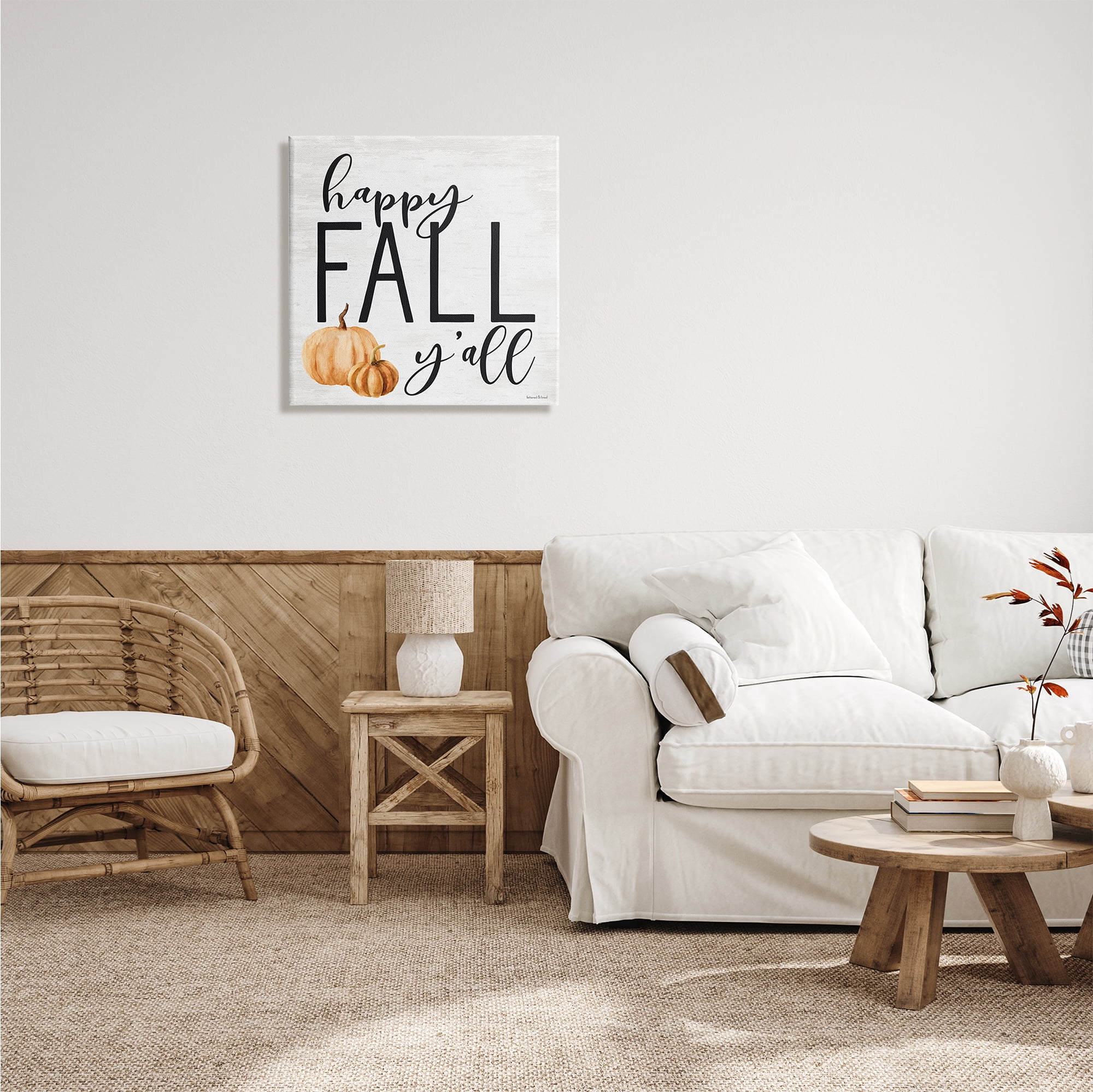 Stupell Industries Happy Fall Y'all Phrase Orange Farm Pumpkin Gourd, 24 x 24, Design by Lettered and Lined