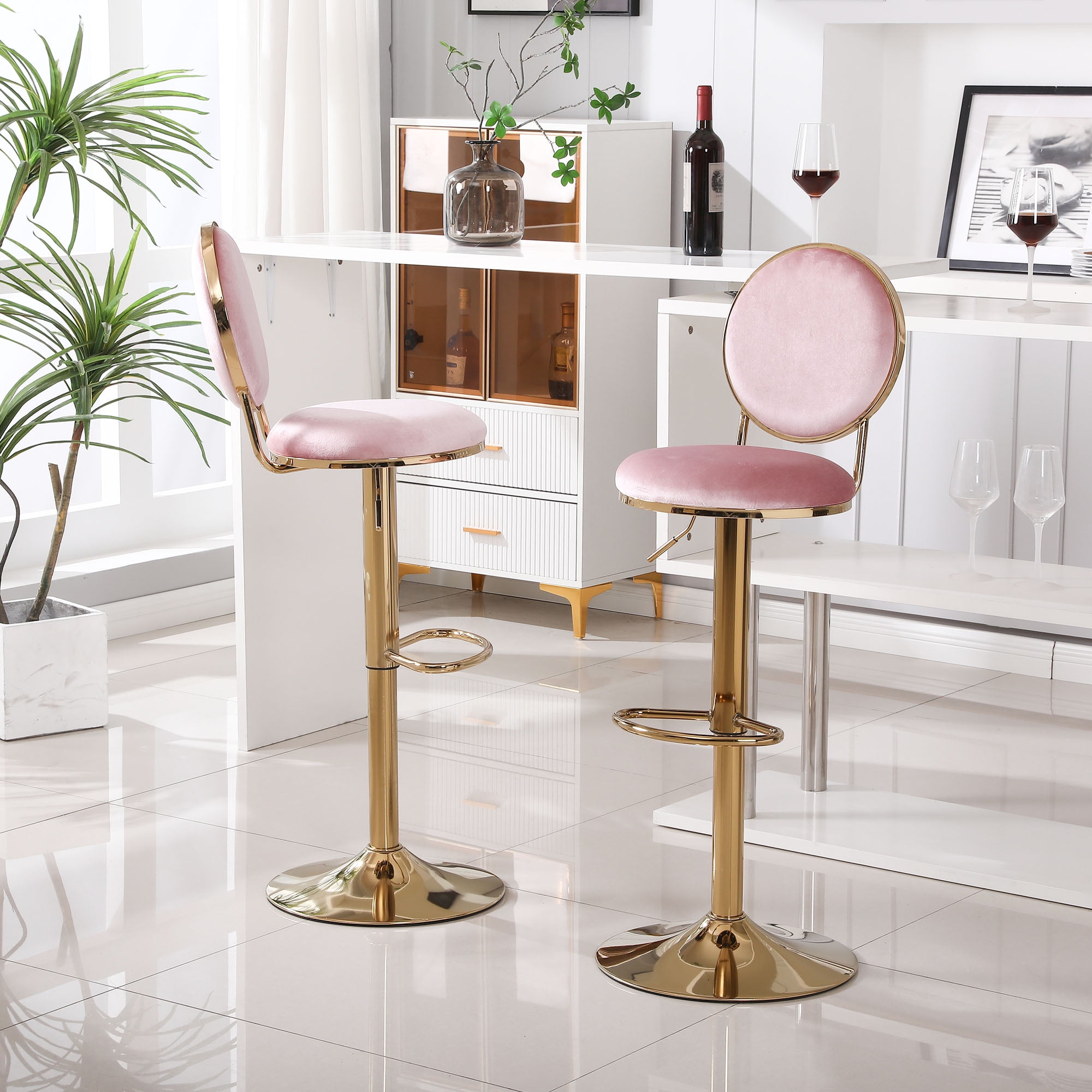 Kadyn 2pcs Adjustable Counter Height Swivel Barstools with Back and Footrest for Bar, Pink Kadyn 2pcs Adjustable Counter Height Swivel Barstools with Back and Footrest for Bar, Pink