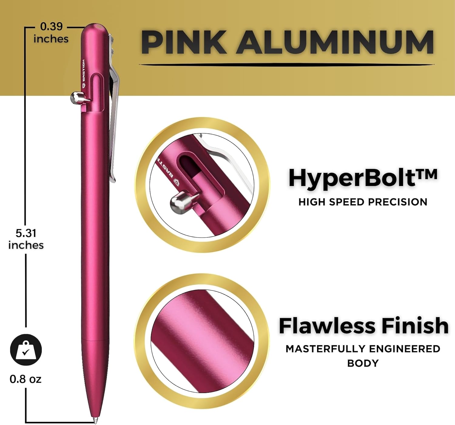 Bastion Aluminum Slim Bolt Action Pen, Pink, Ballpoint Refillable, 1 Count