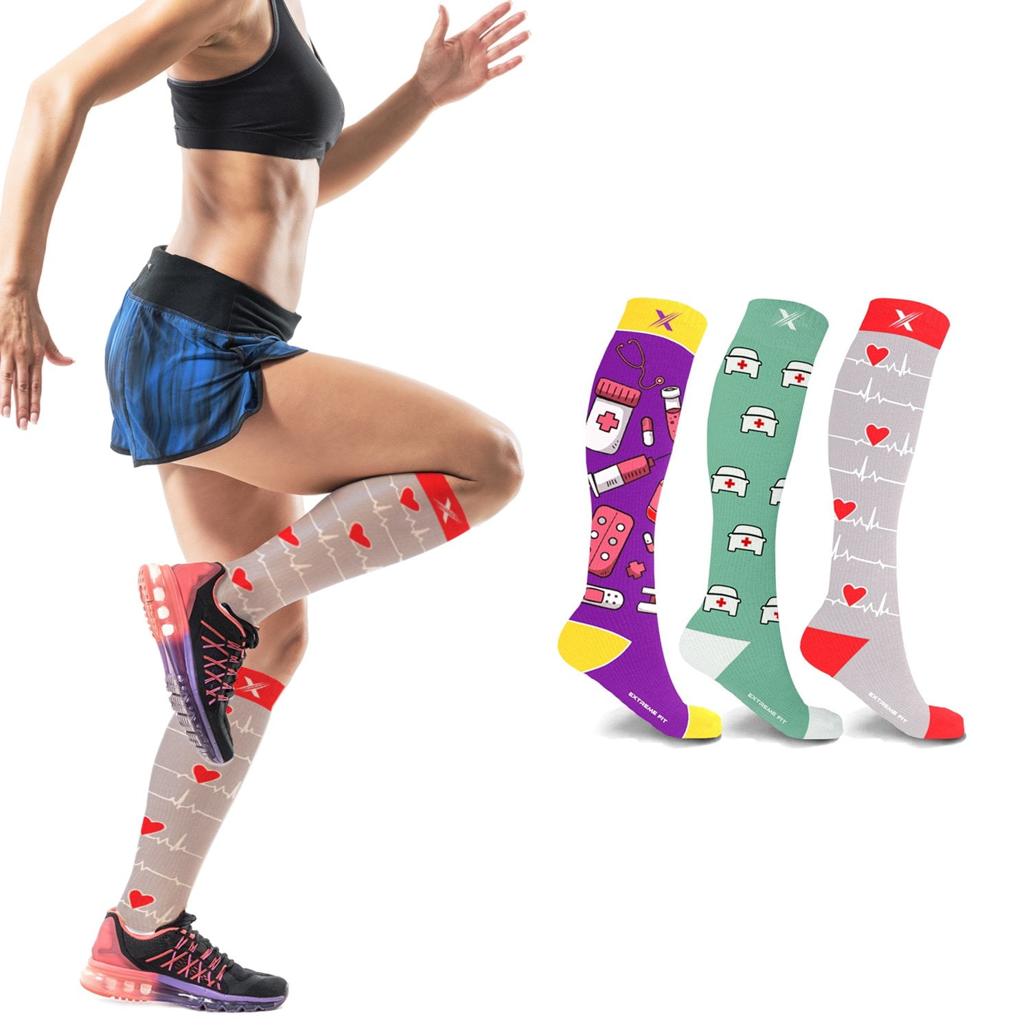 Extreme Fit Knee High Women's Compression Socks -Medical Designs, 3 Pack