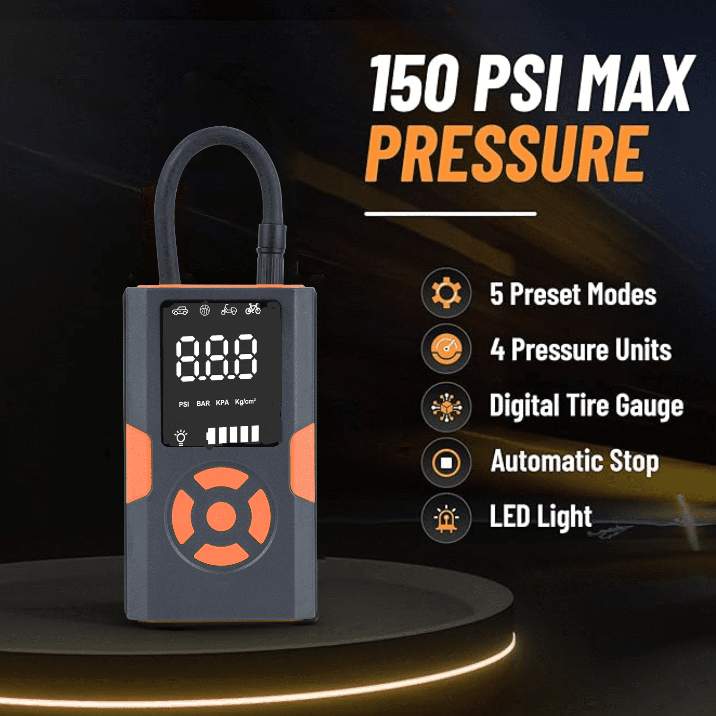 PDstation MQ01 Cordless Tire Inflator Portable Air Compressor, 5000mAh 150PSI+3PS1 Air Pump with Auto-Shutoff & LED for Cars, Motorcycles, Bicycles, Balls, Swimming Ring