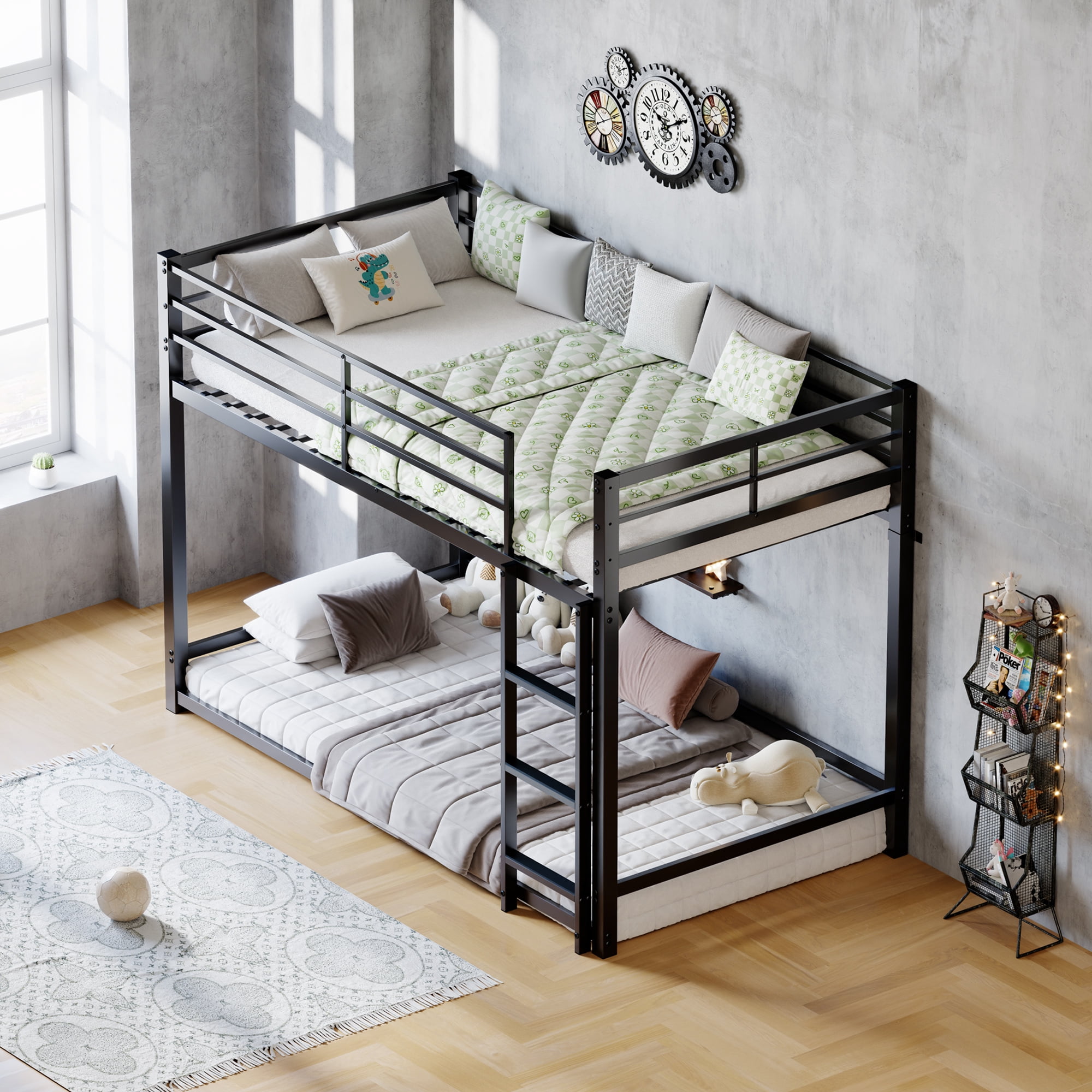 MAYEERTY Twin Over Twin Metal Bunk Bed, Low Profile Heavy Duty Bed Frame with Ladder and Guardrail
