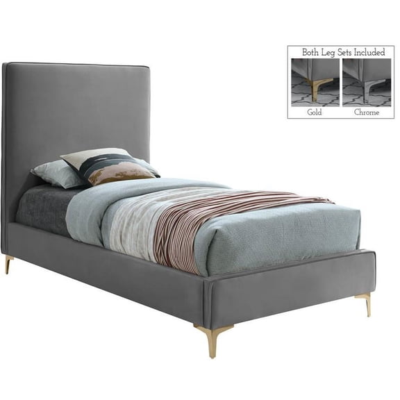 Meridian Furniture Geri Gray Velvet Twin Bed with Gold and Chrome Legs Included